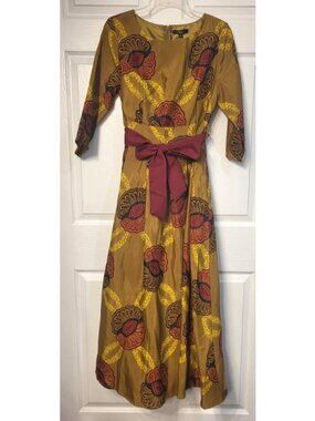 For Her NYC Gold/Burgundy Print Midi A-line Dress 3/4 Sleeve Waist Tie M Pocket